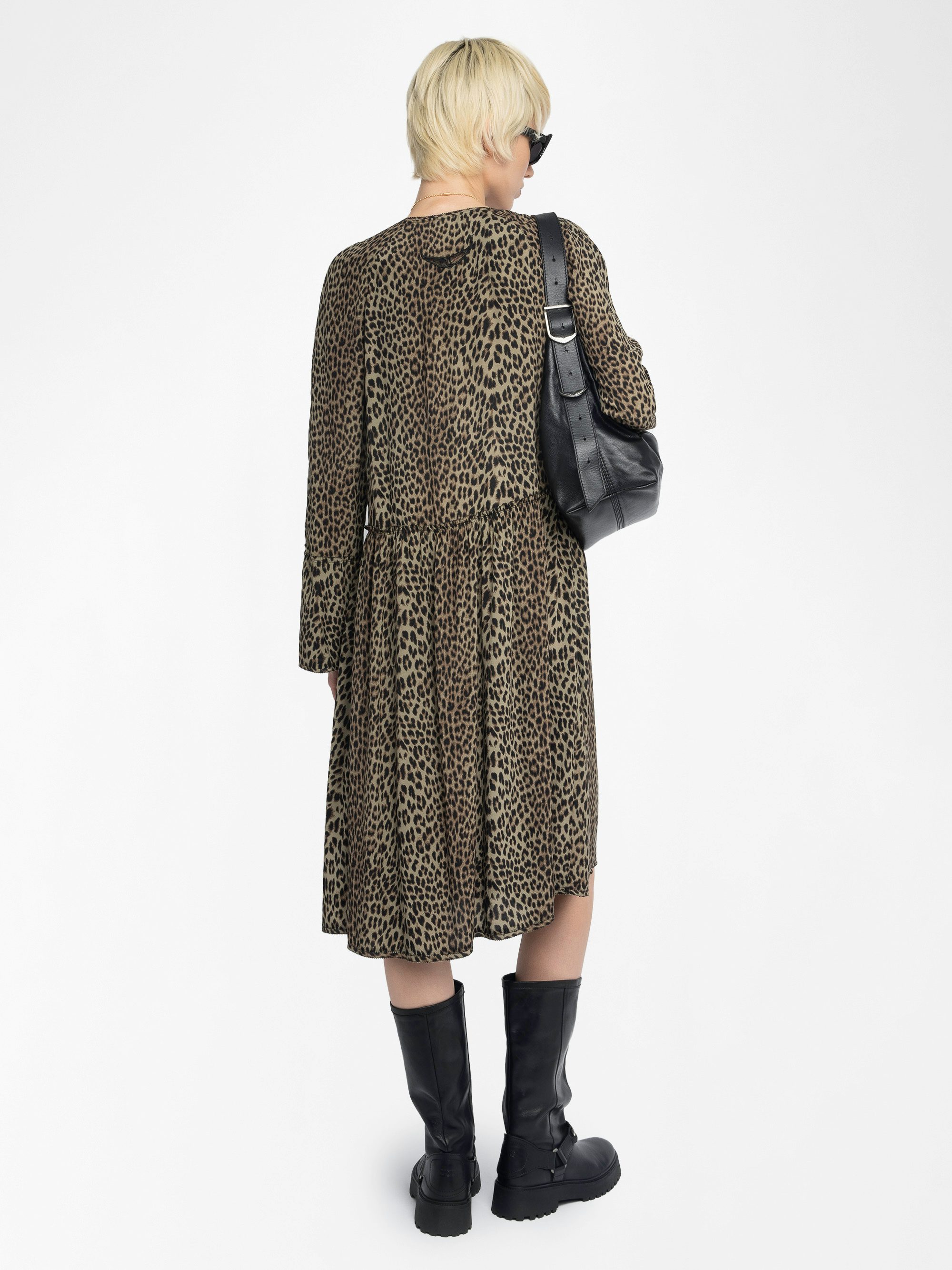 Rinas Dress - Mid-length printed viscose dress, long sleeves, laced neckline.